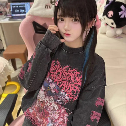 Japanese Harajuku Style Anime Print Subculture Patchwork Color Hoodie Women Gothic Street Punk Y2K Oversized Casual Sweatshirt