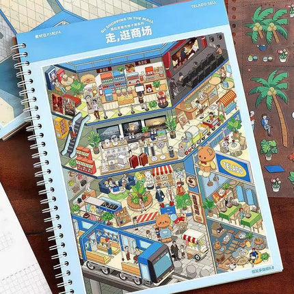 Mr.Paper 1 Book + 1 Tweezer 9.0 Miniature Scene Diorama Sticker Book, Cartoon House DIY Stress Relief Stickers for Journal