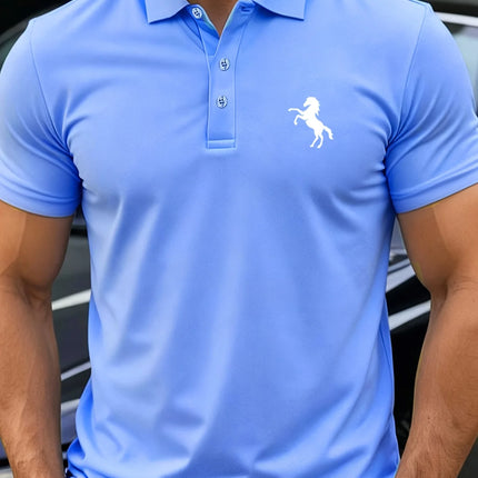 Men's POLO Short Sleeved T-shirt with Casual Style, Standing Up Horse Emblem Pattern Printed Short Sleeved Golf T-shirt