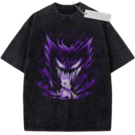 Oversize Vintage Washed Pokemon T Shirt Cute Mimikyu Cartoon with Small Ghost Companion Graffiti Print Streetwear Casual Wear