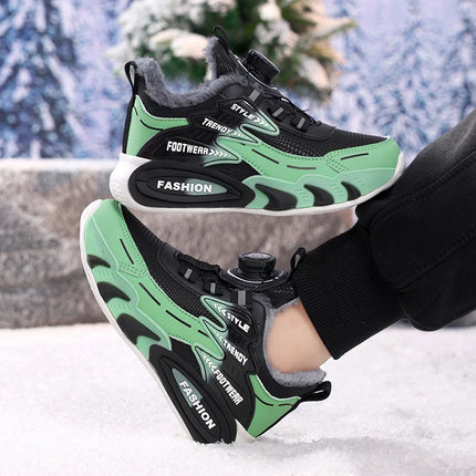 Children Sports Shoes New Rotating Buckle Winter Plush Warm Walking Shoes Boys Non Slip Lightweight Outdoor Running Tennis Shoes