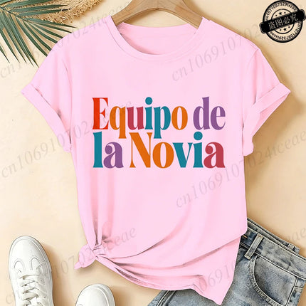 Women's Casual Short Sleeve T-Shirt Spanish Girl Bachelorette Party Graphic T-Shirts- Black White, Medium Stretch Round Neck