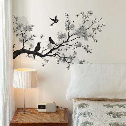 Black White Flowers Wall Stickers Branch Bird for Blossom Wall Sticker Home Decoration Girls Living Room Bedroom Wall Decal