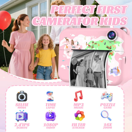 Digital Children Camera 1080P HD Video Recorder with Instant Print Mini Thermal Printer Educational Birthday Gift for Kids