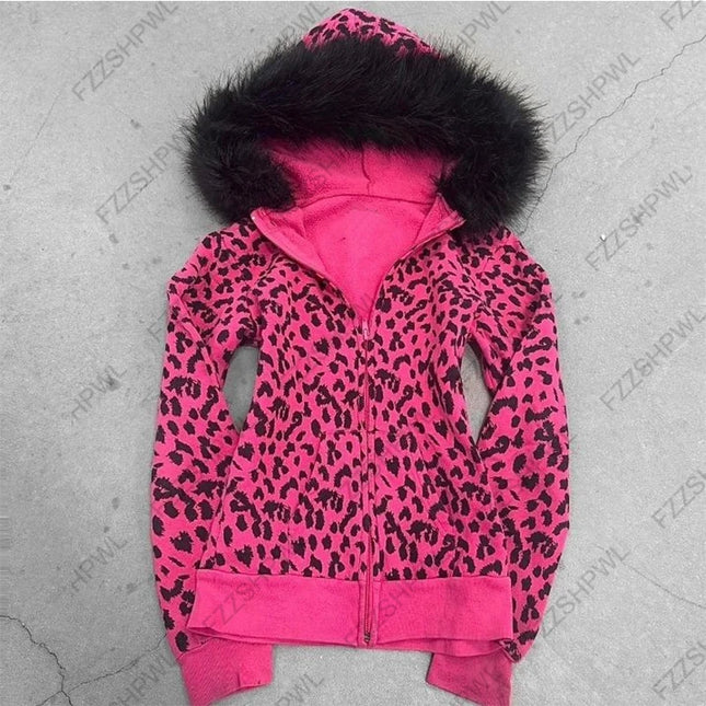 Pink leopard print hooded zipper long-sleeve sweatshirt for spring and autumn comfortable slim fit fashionable street wear 2000s