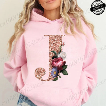 Rose Gold Letter A~Z Printed Women's Sweatshirts Hoodie Fashion Women Hooded Hoodies Casual Harajuku Streetwear Pink Clothing
