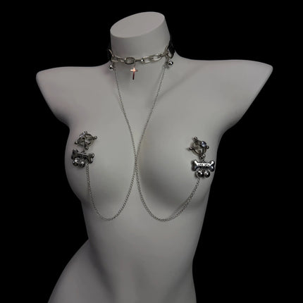Women's Erotic Collar with Chain and Nipple Clamps Unisex Metal Bell Clamp BDSM Training Toy Body Jewelry Adult Sex Toy 18+