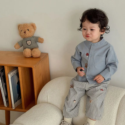 2026 Fall New Toddler Kids Pants Cotton Cartoon Embroidered Harem Pants Baby Boy Casual Striped Denim Baggy Trousers