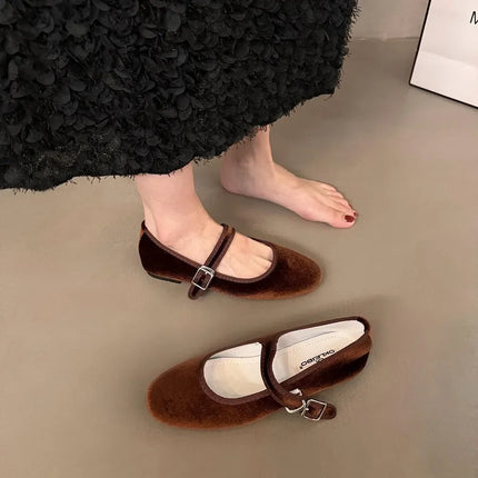 Vintage Flat Velvet Korean Style Mary's Single Shoes Women's 2024 New Spring Autumn Winter Red Warm Evening Shoes