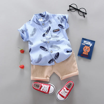 0-3 year old baby summer feather printed shirt short sleeved shorts set with fashionable cartoon random printing 2-piece set wit