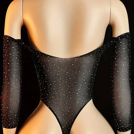 Mesh Sexy Lingerie Women Crystal Diamonds Dress Off Shoulder O Neck Y2k Clothes Long Sleeve Dresses Evening Club Party Sundress