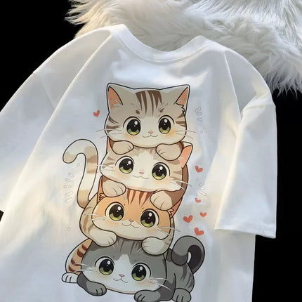 Cute Cartoon Cat Print Women's Round Neck Short-Sleeved T-Shirt Casual Loose Versatile Summer T-Shirt