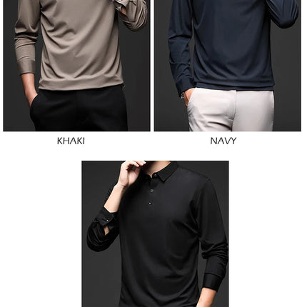 Minglu Mulberry Silk Men's Polo Shirts Luxury Long Sleeve Solid Color Golf Male T-shirts Spring Autumn Business Casual Man Tees
