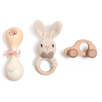 Baby Toy Set Crocheted Rabbit Rattle Toy Infant Musical Instrument Wooden Push Toy Newborn Montessori Educational Toy Baby Gift