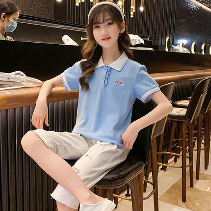 Girls' summer short sleeved polo shirt top, lapel baseball jersey, tennis jersey, cotton medium to large children's striped shir