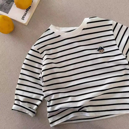 Children's Long Sleeved T-Shirt, Pure Cotton Breathable Base Shirt, Spring Boys and Girls Cartoon Teddy Bear Striped Base Shirt