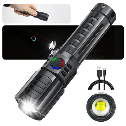 2000LM Ultra Bright P50 LED Flashlight Tactical EDC Torch Telescopic Zoom Type-C Rechargeable Emergency Spotlight for Camping