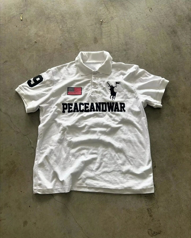 Hip Hop Men Clothing Peace Flag America Retro Polo Shirt Y2k Streetwaer Letter Embroidery Lapel Shirt Casual Short Sleeve Jersey