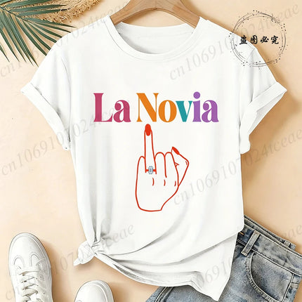Women's Casual Short Sleeve T-Shirt Spanish Girl Bachelorette Party Graphic T-Shirts- Black White, Medium Stretch Round Neck