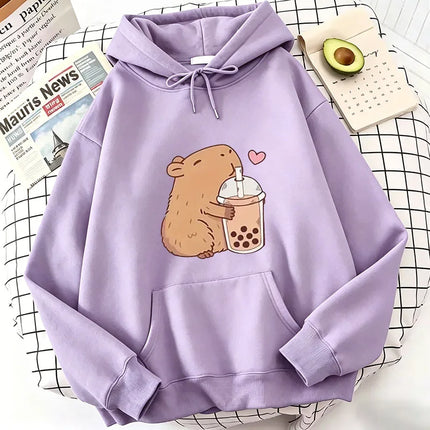Funny Kawaii Bubble Tea Capybara Hoodie Women/Men Aesthetic Graphic Hoodies Unisex Autumn Winter Harajuku Pullovers Sweatshirts