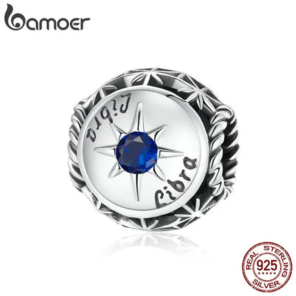 BAMOER Zodiac Star Sign 925 Sterling Silver Charm Beads Fit for Charm Bracelets, 12 Constellations Cubic Zirconia Charm SCC1725