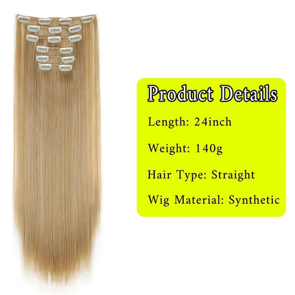 Black Hair Extensions 24"/60cm 6pcs/set Women Long Straight Synthetic Full Head Clip 16 Clips Ombre Heat Resistant Fiber Hair