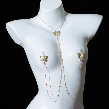 Sexy Butterfly Pendant Nipple Clamps Collar and Body Chain Combo Sexy Accessories for Women BDSM Training Fetish Adult Sex Toys