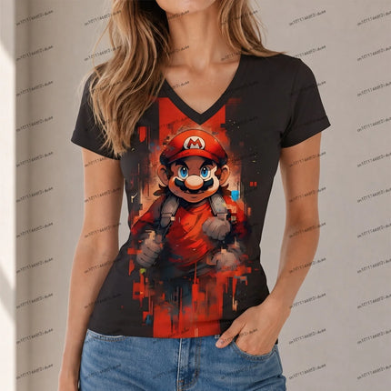 Cuteore XS-5XL Women's New Party Super Mario Women T-shirt Female Clothing V Neck Harajuku Style Summer High Quality Fashion