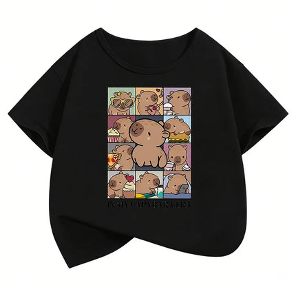 Kawaii Shirt Capybara Graphic Kids T-shirts Summer Short Sleeve Tees Cartoon Animal Boys Girls Clothes Tops Y2K Children T-shirt