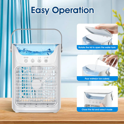 Portable Air Conditioner 3-in-1Mini Fan Cooler & Humidifier with 700 ml Top-Fill Water Tank & 7-Color Night Light 2/4/6 H Timer