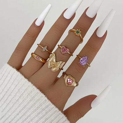 Colorful Enamel Butterfly Kunckle Rings Set For Women Geometric Heart Dollar Sign Finger Ring Girls Summer Fashion Jewelry
