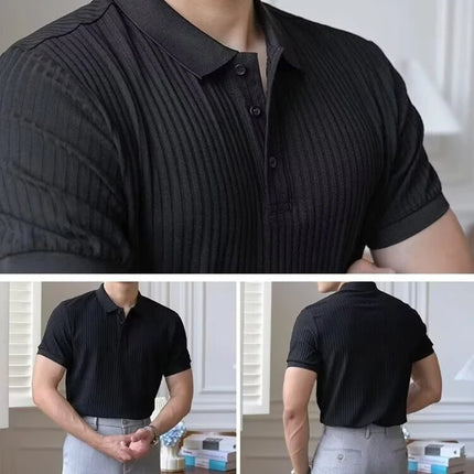 Vertical Stripe Knit Polo Men's Shirts Summer New Slim Solid Color Breathable Turn-Down Collar Business Short Sleeve Polo Tops