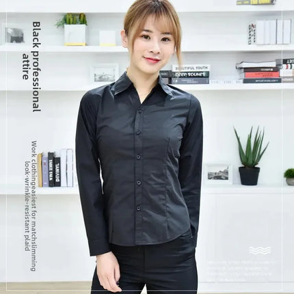 Black Long Sleeve Women's Shirt Professional Formal V-neck Workwear Slim Fit Cotton Work Uniform Button-up Casual Shirt