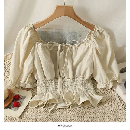 French Style Bubble Sleeve Shirt Women's Short Sweet Sensation Waist Cinched One Shoulder Top Polyester Blend Regular Sleeve