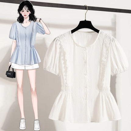 Plus Size Lace Blouse and Shirt Women Summer Blouse Women 2025 New Arrival Short Sleeve O Neck Collar Casual Women's Blouses