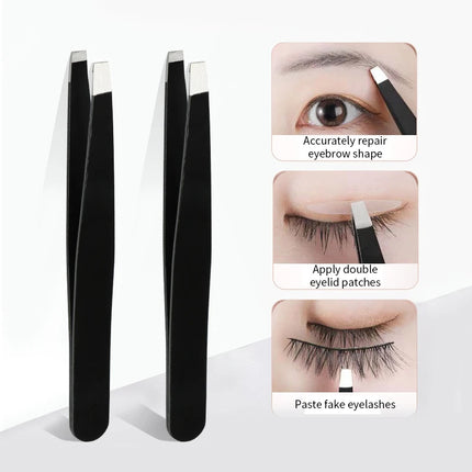Stainless Steel Black Eyebrow Tweezer with Slant and Flat Point Beauty Tools for Eyebrows & Ingrown Hair Removal
