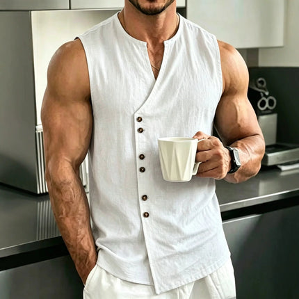 2026 New Male Japanese-style Chinese aesthetic Men's Linen Sleeveless Vest - Summer Casual Button-Front Tank Top