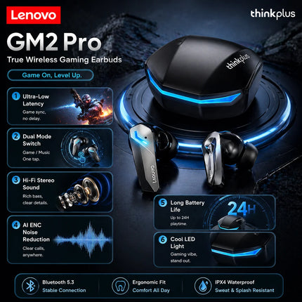 Lenovo GM2 Pro Earphone Bluetooth 5.3 Headphones with Mic 9D Stereo Pro 6 Lenovo Earbuds Dual Modes Music Game Wireless Headset