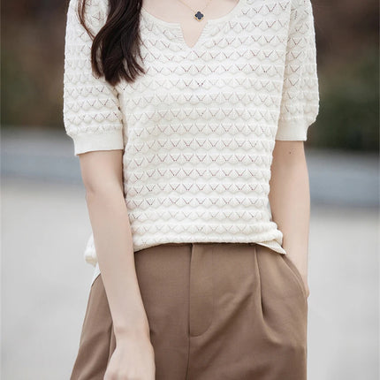 Women's T-shirt Summer New 100% Pure Cotton Tees Casual Solid Knitted Short sleeved V-neck Pullover Loose Tops Fashion Sweater