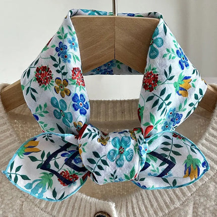 Spring and Summer New Women's Small Silk Scarf, Skin-Friendly and Comfortable Bohemian Small Square Scarf, European and American Versatile Flower Print Scarf, Scarf and Headband