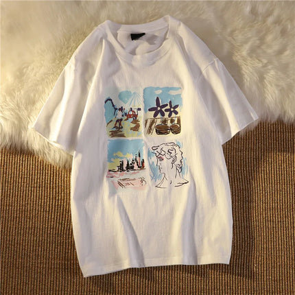 Vintage Short Sleeve T-Shirt Women Loose Korean Style Street Fashion Half Sleeve Top Fresh Sweet Style Polyester Fiber
