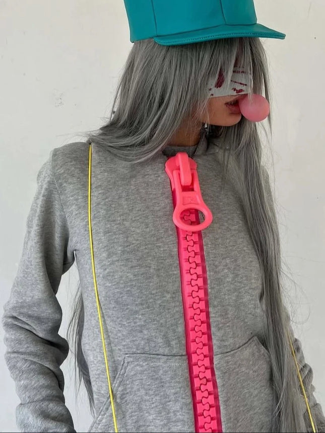 High Street Hip Hop Vintage Hoodies Women Large Zipper Sports Hoodie Y2K High Street Harajuku Slim Fit Men and Women Tops
