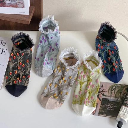 5 Pair Sweet Cute 3D Stereoscopic Flower Women's Socks Set Fashion Lace Edge Short Socks Spring Summer New Woman Streetwear