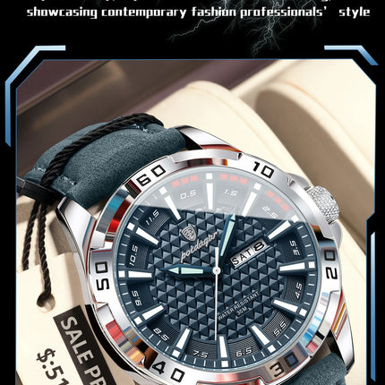 POEDAGAR Original Men's Wristwatch Top Luxury Waterproof Luminous Date Week Watch For Men Quartz Sport Leather Men's Watches Reloj