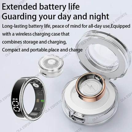 Smart Ring LED Touch Display Screen Health Monitor Gesture Control Wireless Charging Case Sport Waterproof Ring Men Women 2025