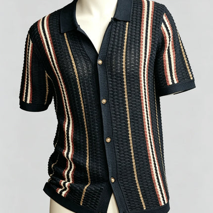 Men's Vintage Striped Knit Polo Shirt, Casual Summer Short Sleeve Top for Daily Wear & Weekend Outings