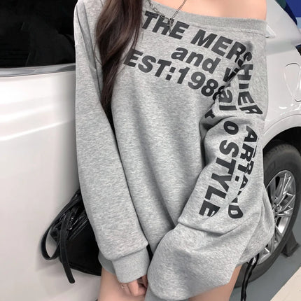Sexy Oversized T-shirt Women Streetwear Letter Print Skew Collar Off Shoulder Long Sleeve Basic Top Korean Fashion Loose T-shirt