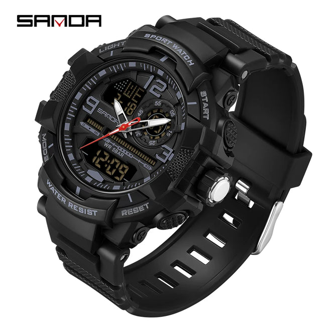 SANDA 6130 Dual Display Men Watches Waterproof Sport Watch Military Man Alarm Stopwatch Quartz Wristwatch Men LED Digital Clock