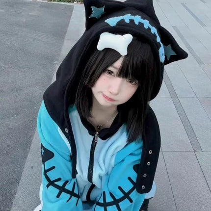 Japanese Cat Ear Fish Bone Hoodie Women Subculture Vintage Y2k Harajuku Punk Oversized Sweet Cardigan Zipper Sweatshirts