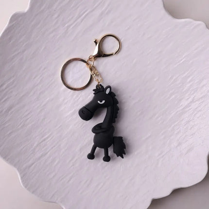 Funny Cartoon Horse Keychain Cold-Hearted Simulation Black Horse Bag Ornament Decorative Hanging Car Pendant Car